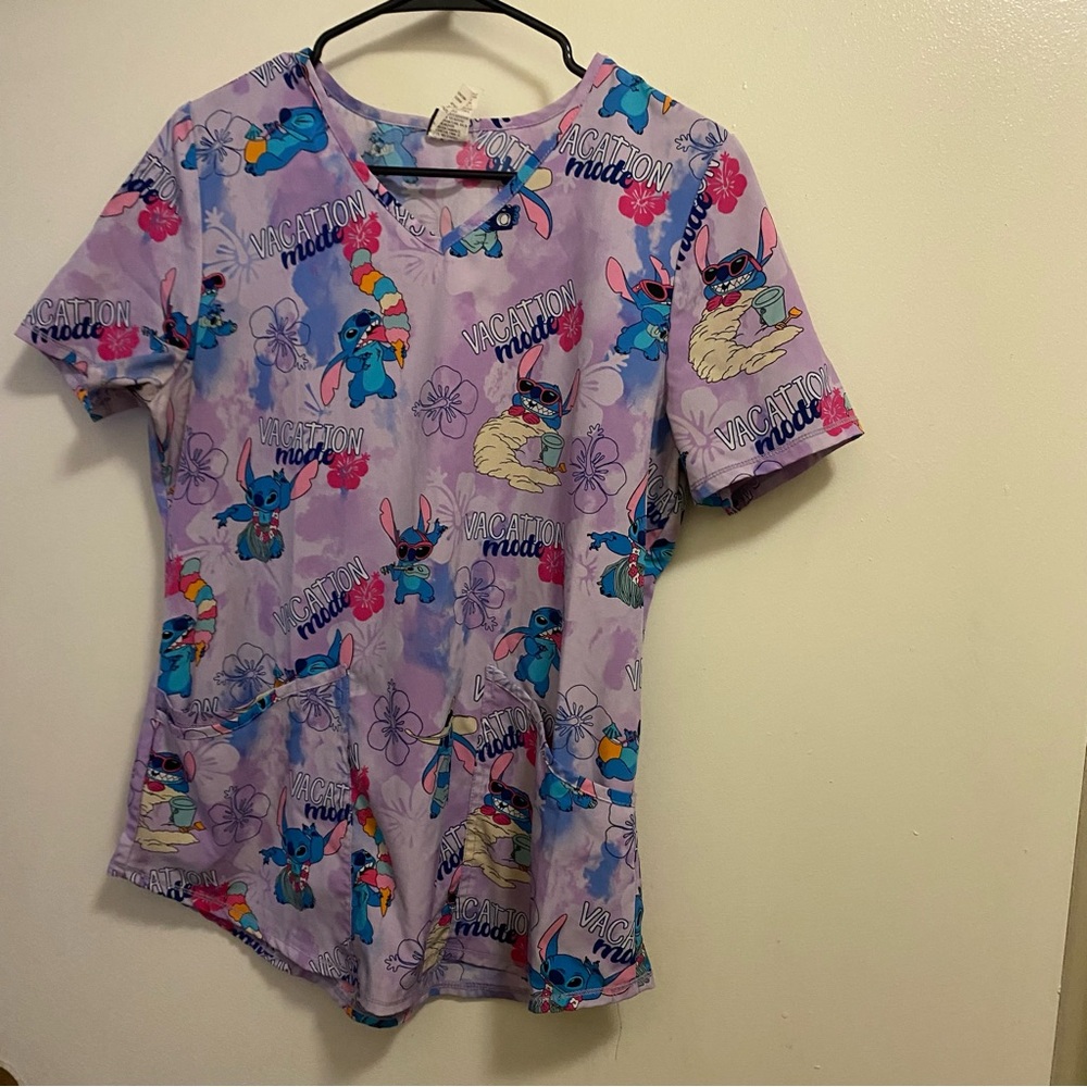 Disney Stitch Womens Scrubs Scrub Top S Small 36” Vacation Mode Lavender Purple